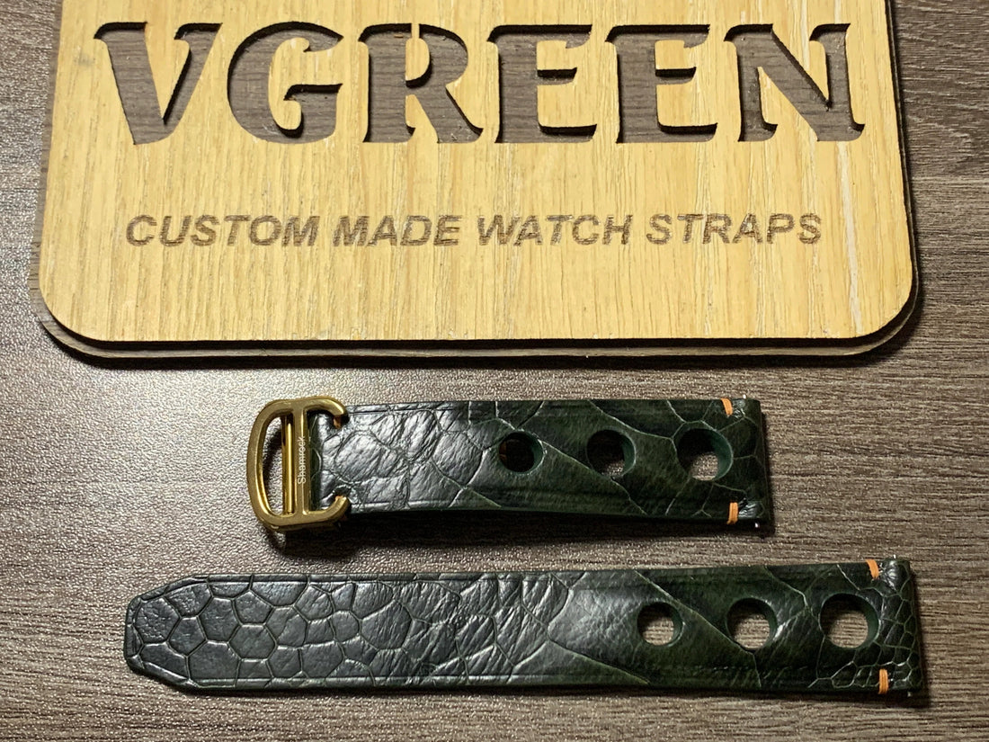 Moss green ostrich leg racing watch strap for Oris Divers Sixty-Five with large holes and gold deployant