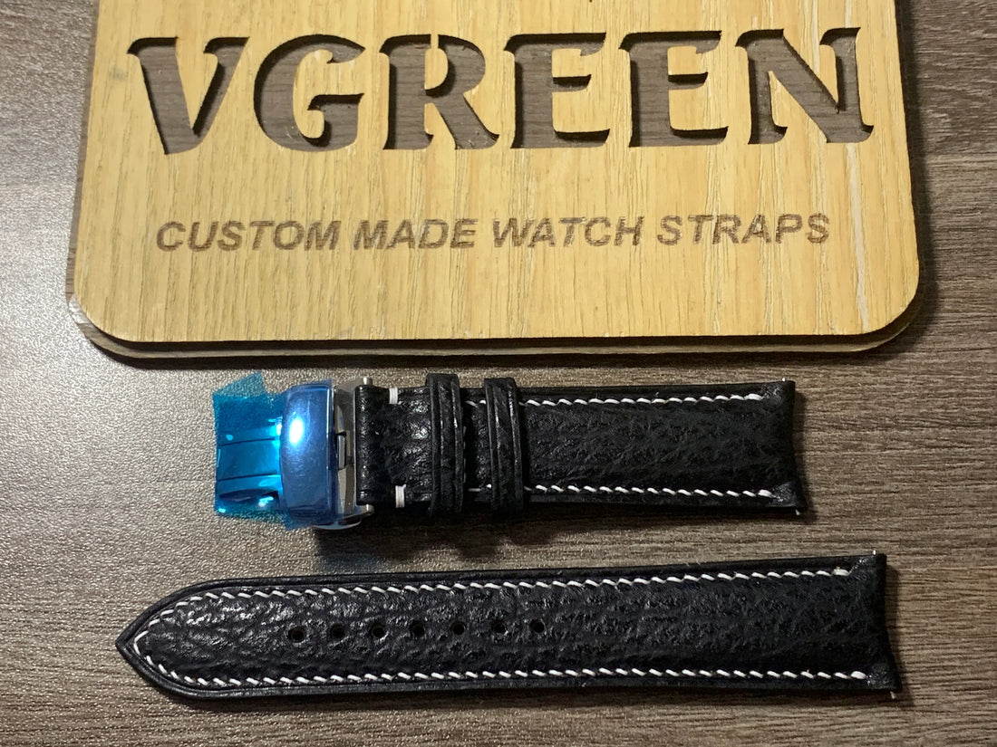 Curved-end black sharkskin watch strap for Bulova Accutron Stratford, white stitching