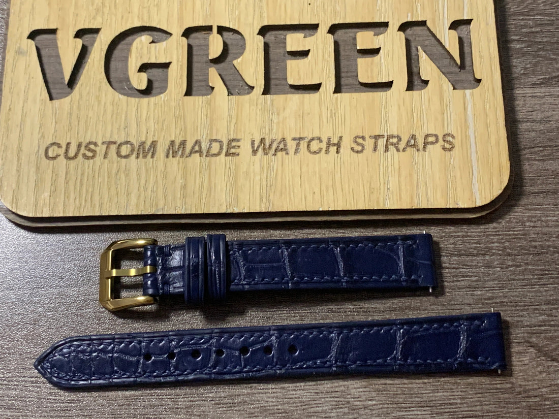 Extra-long navy crocodile watch strap for Cartier Tank, gold buckle