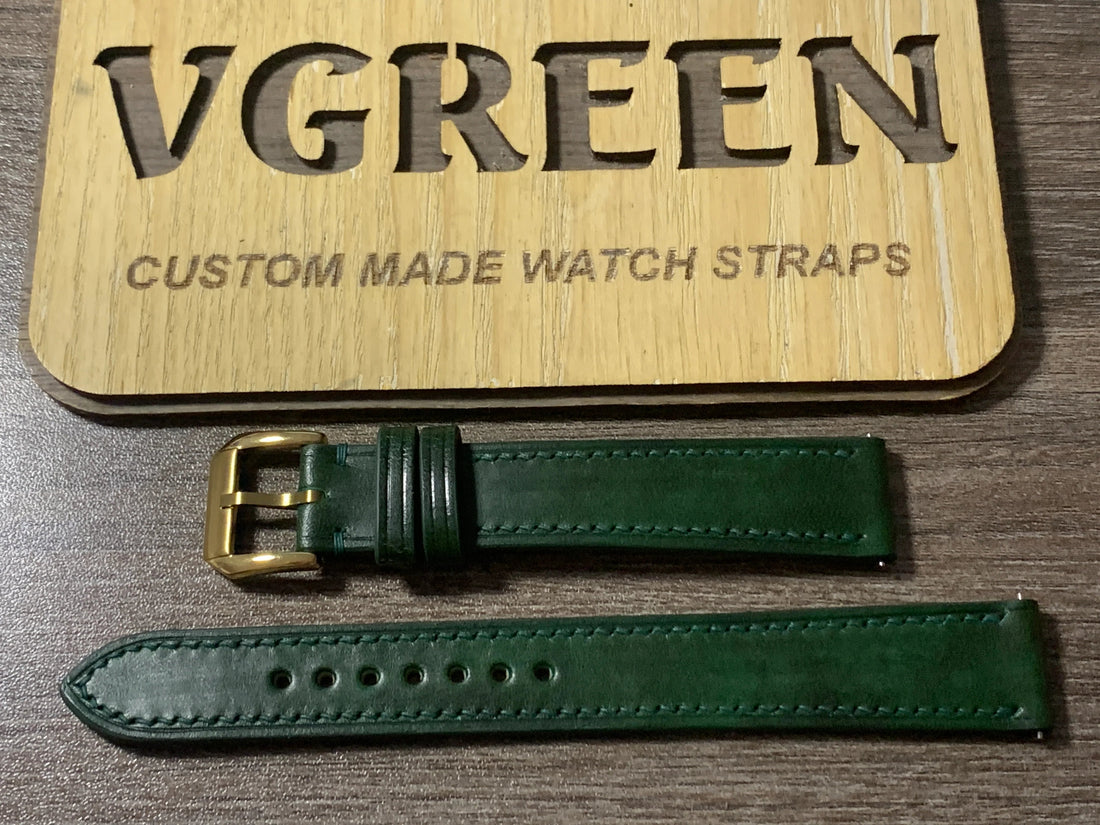 Deep green Buttero leather watch strap for vintage Omega Seamaster, gold buckle