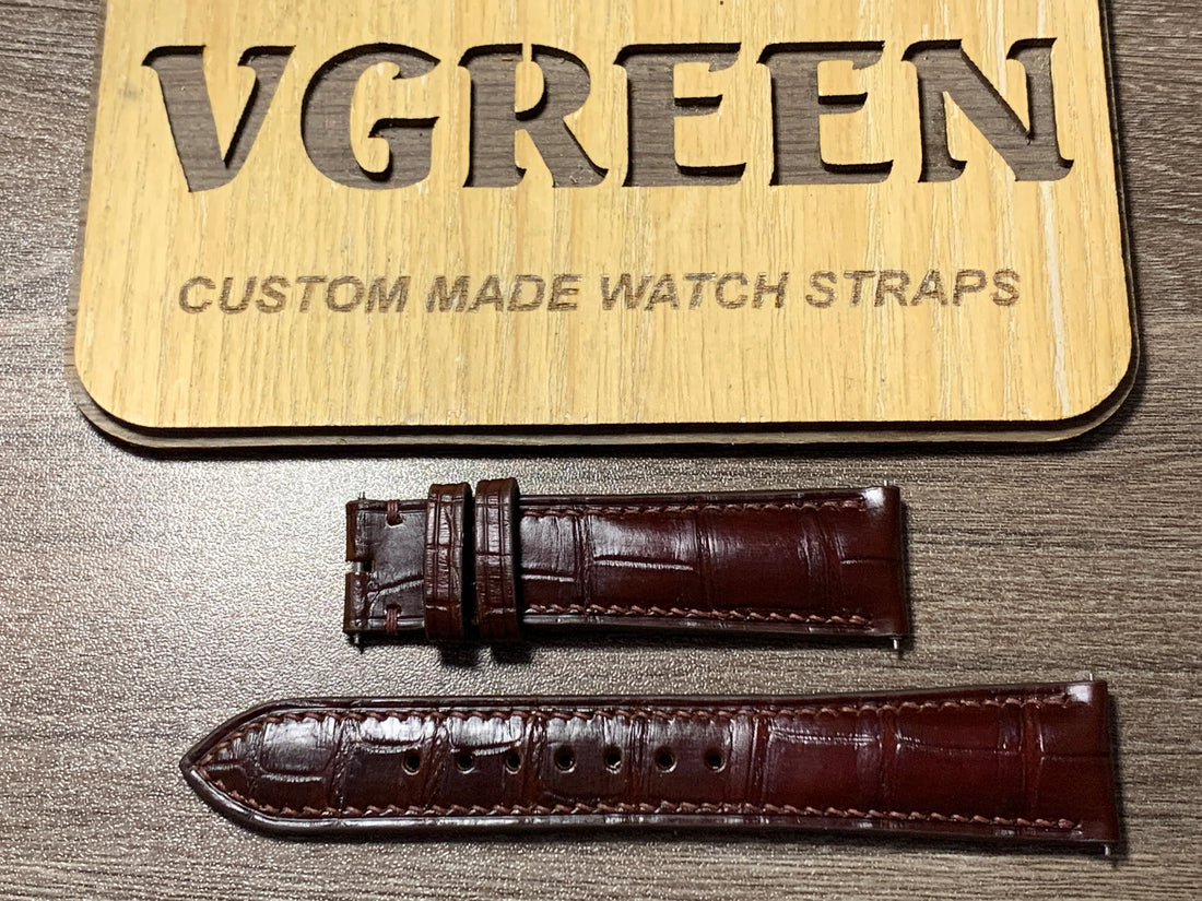 Oxblood crocodile watch strap for Glashütte Original PanoMatic Calendar, full strap