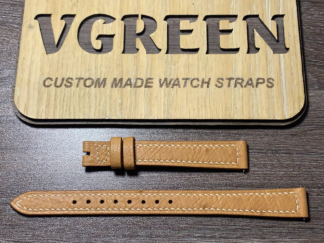 Brown ostrich watch strap for Jaeger-LeCoultre Reverso, creamy white box stitch