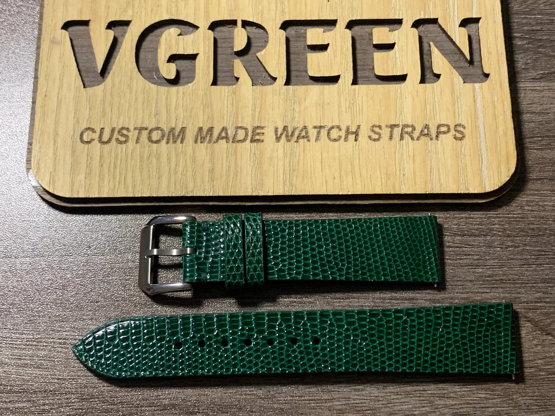 Green lizard watch strap for the Kurono Tokyo Chronograph 3, 75/125mm with an 18mm buckle