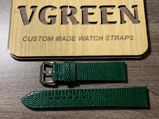 Green lizard watch strap for the Kurono Tokyo Chronograph 3, 75/125mm with an 18mm buckle