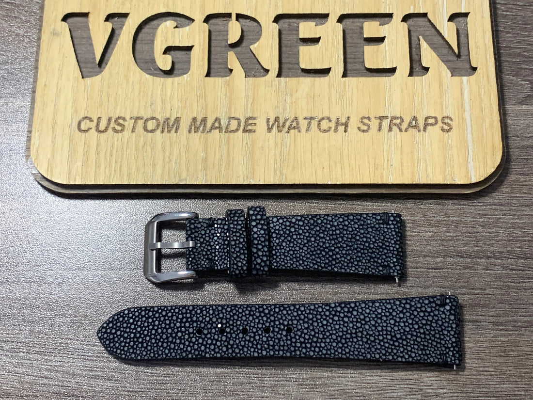Black stingray watch strap for Junghans Max Bill Automatic, 65/105mm short length