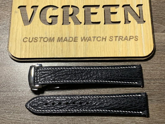 Black shark skin watch strap for Omega Seamaster Diver 300M Chronograph, white side stitching