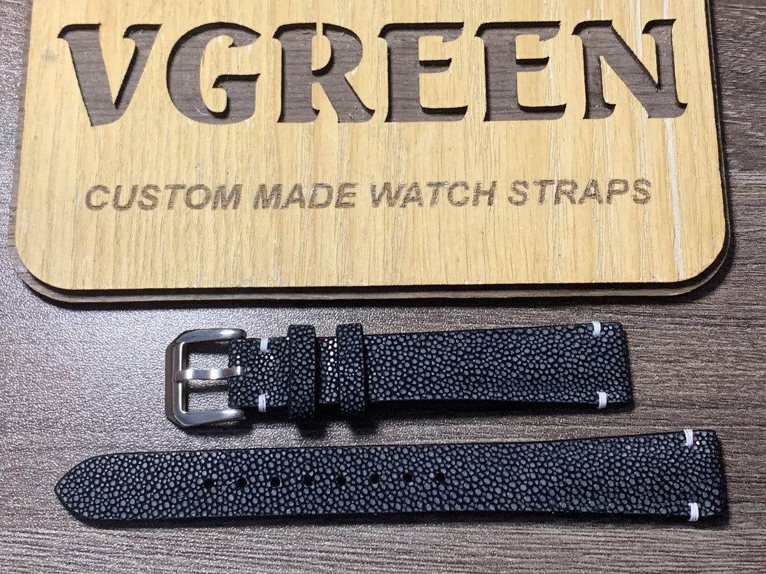 Black stingray watch strap for Hamilton Ventura, 80/130mm with 14mm buckle