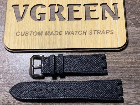 Black Epsom leather notched strap for Concord Saratoga, 75/125mm