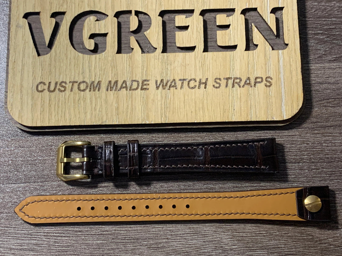 Brown crocodile watch strap for a Vertex Revue presentation watch, open-ended for fixed bars