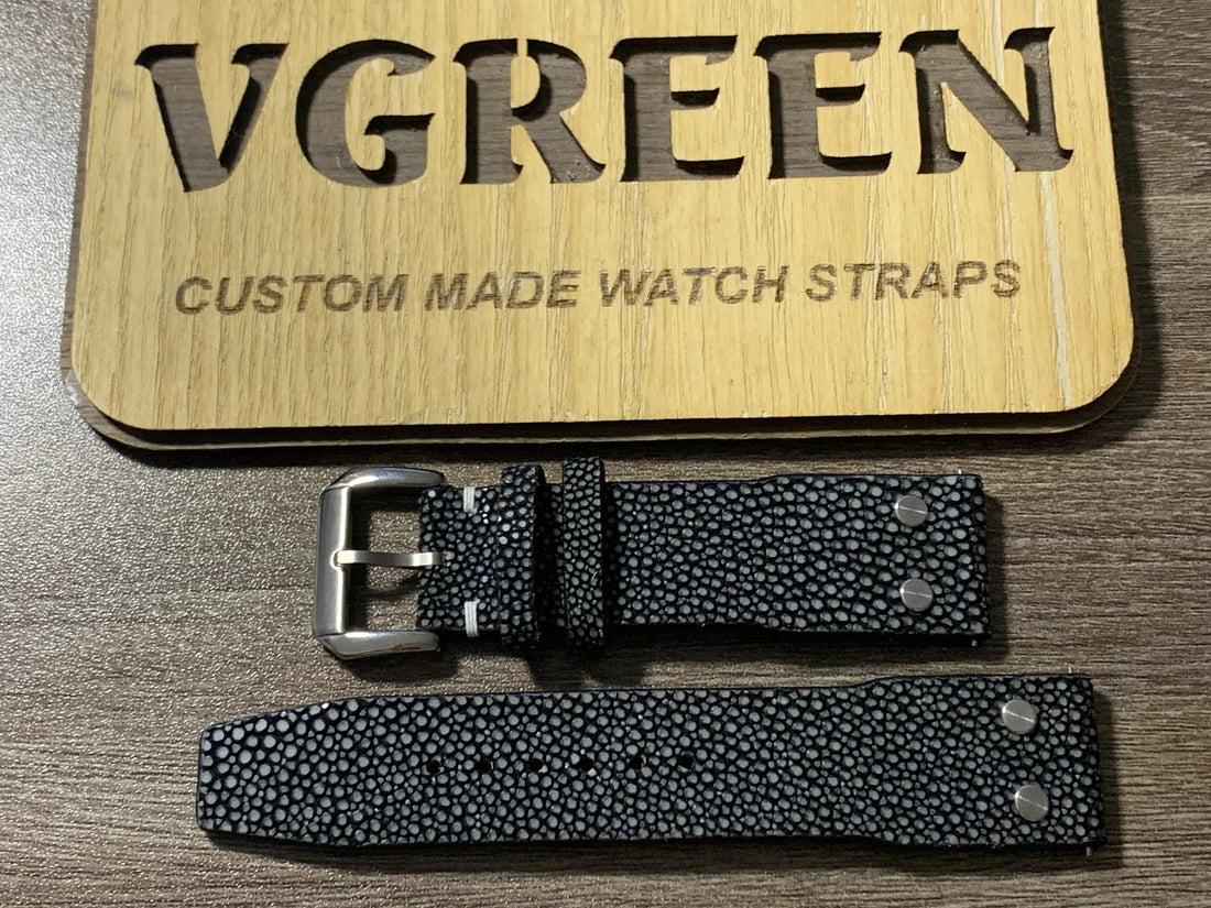Black stingray pilot strap for IWC Top Gun IW378901, white box stitching