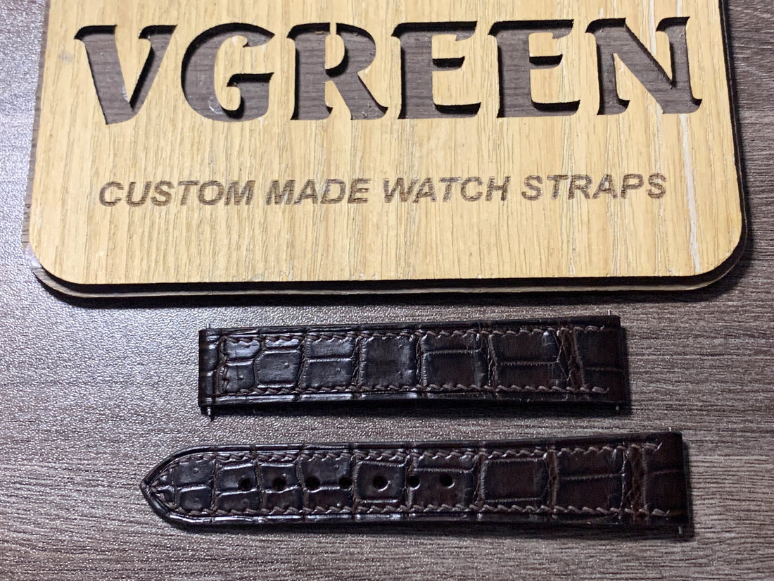 Brown crocodile watch strap for a Bulova Accutron 314, custom 85/105mm split, flat build