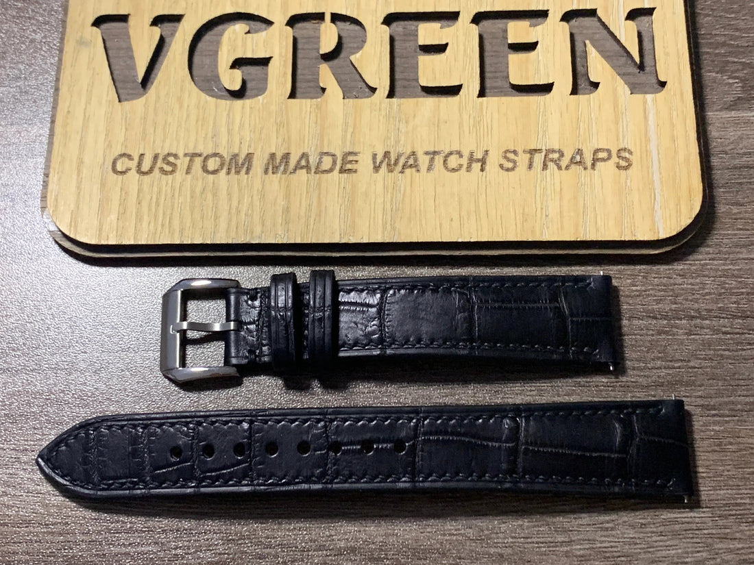 Black crocodile watch strap for Longines Conquest Heritage, padded lug end