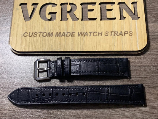 Black crocodile watch strap for Longines Conquest Heritage, padded lug end