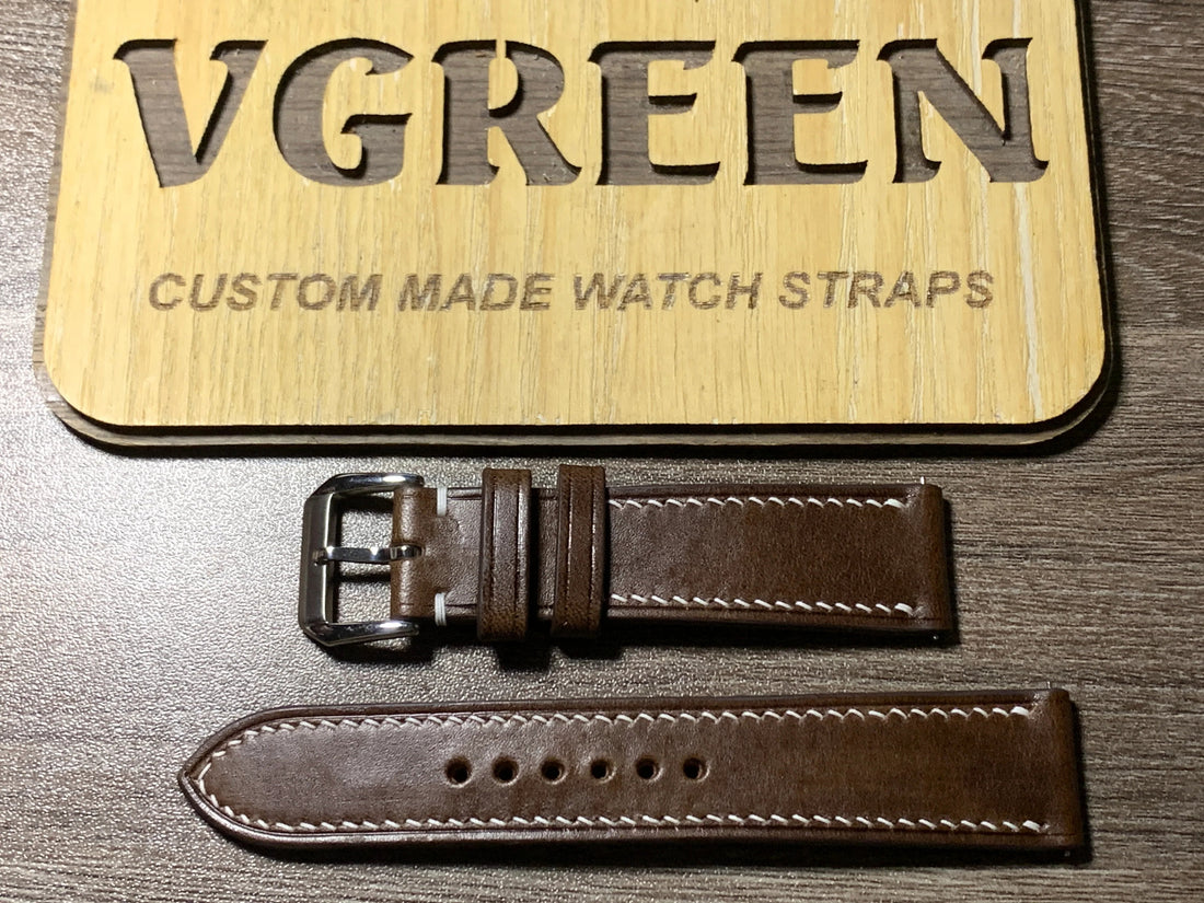 Dark brown Buttero leather watch strap for Longines Spirit Pilot, white side stitching