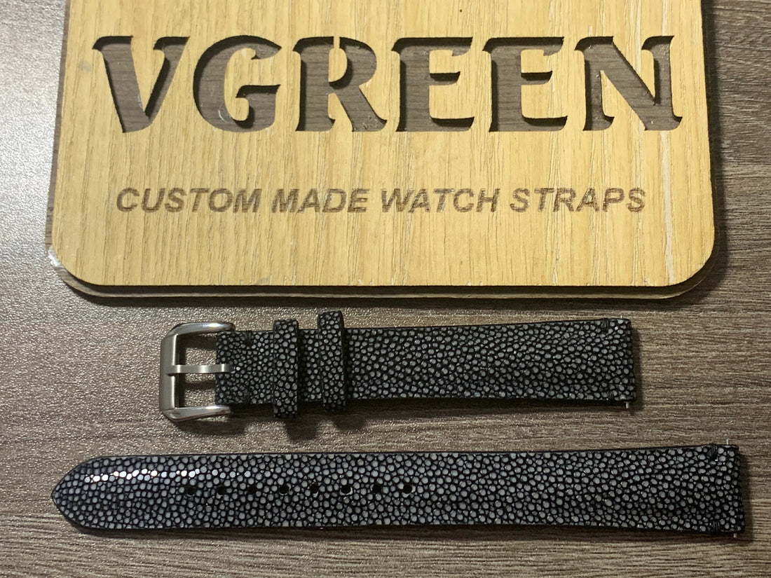 Black stingray extra-long watch strap for a Seiko 9943-8010 Grand Quartz, full strap