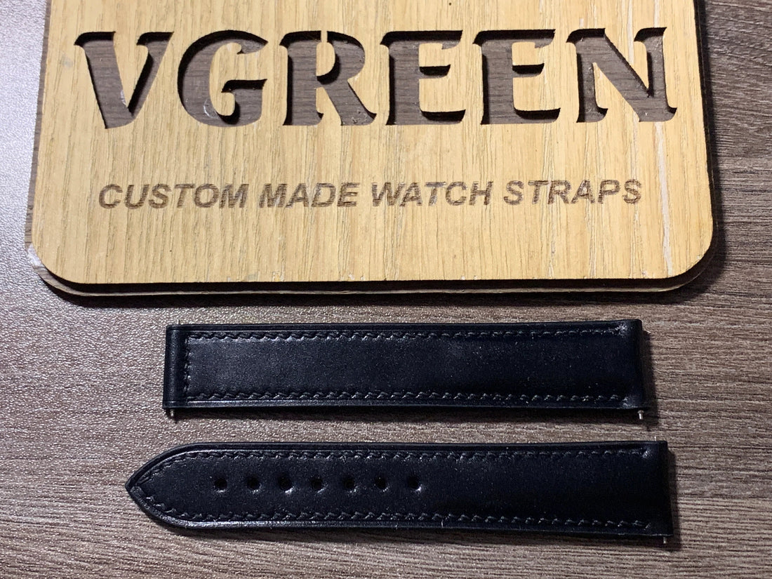 Black shell cordovan watch strap for Omega Planet Ocean, black stitching