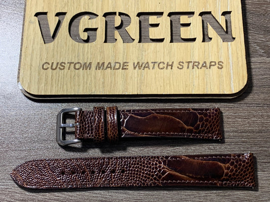 Extra-long dark brown ostrich leg watch strap for Seiko SNS003, 90/145mm