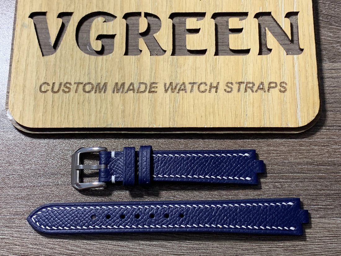 Corner-notched navy Epsom watch strap for 1988 Longines Conquest