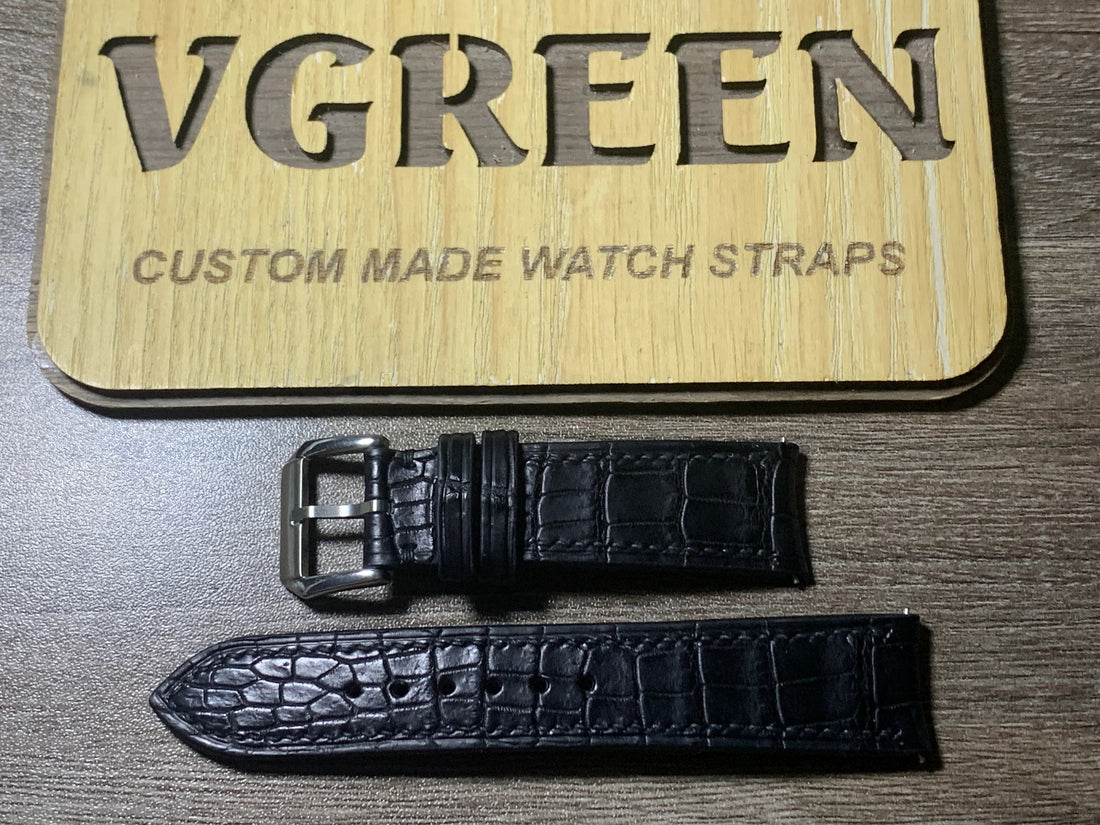 Black crocodile curved-end watch strap for the 2024 Rolex 1908