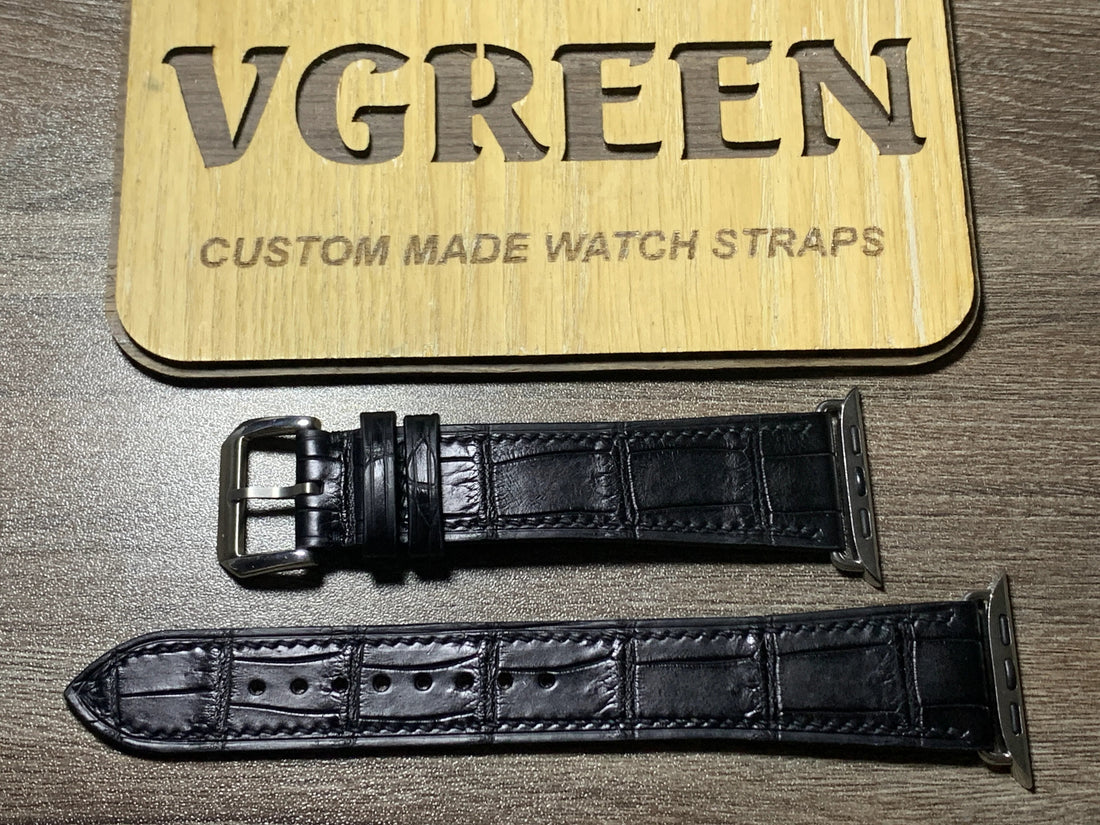 Extra-long black crocodile Apple Watch strap, 90/145mm with silver lug adapter