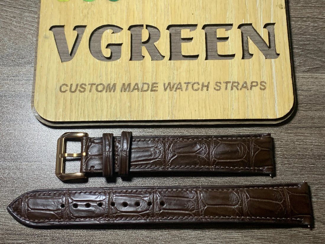 Brown crocodile watch strap for a Seiko 7S26, extra-long 105/160mm with rose gold buckle