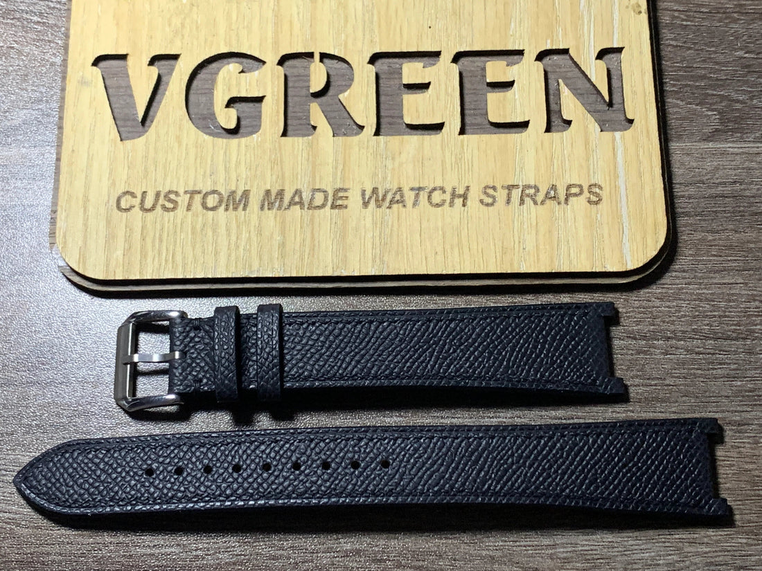 Black Epsom center-notched extra-long watch strap for the Movado Elliptica