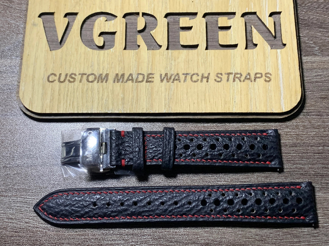 Black shark skin racing watch strap for the Movado Kingmatic Chronograph
