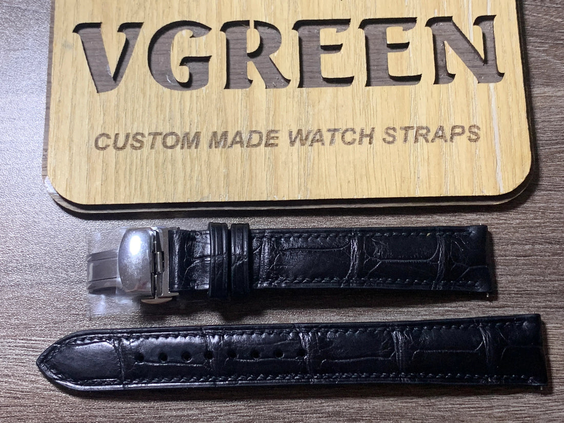 Black crocodile extra-long watch strap for the Hamilton Khaki Aviation with deployant buckle