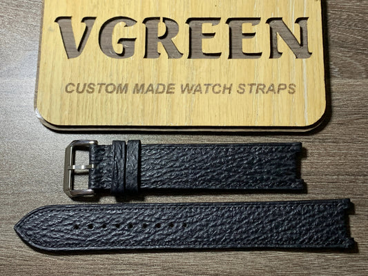 Black sharkskin center-notched extra-long watch strap for a Cronos 36mm, full strap