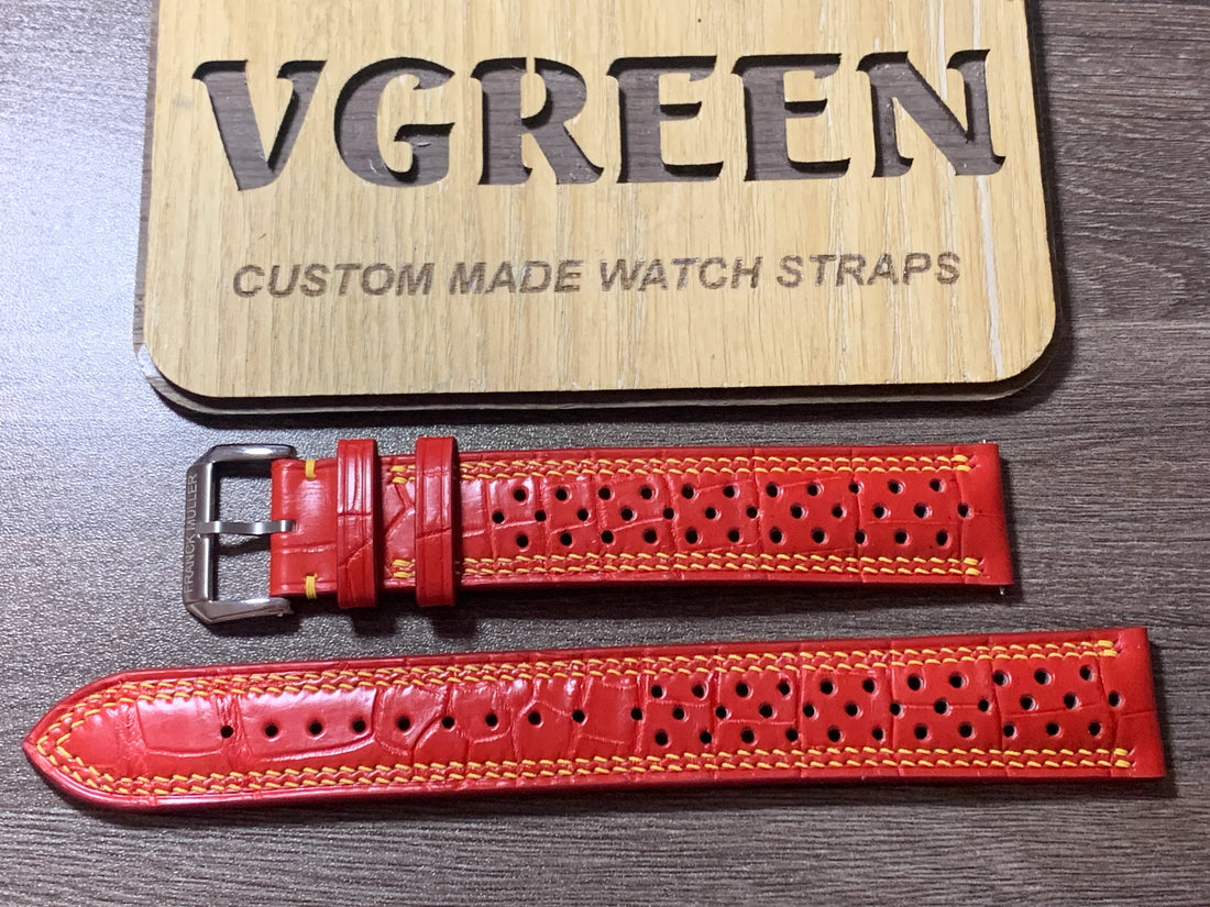 Red crocodile racing watch strap for Franck Muller Crazy Hours, 115/170mm build