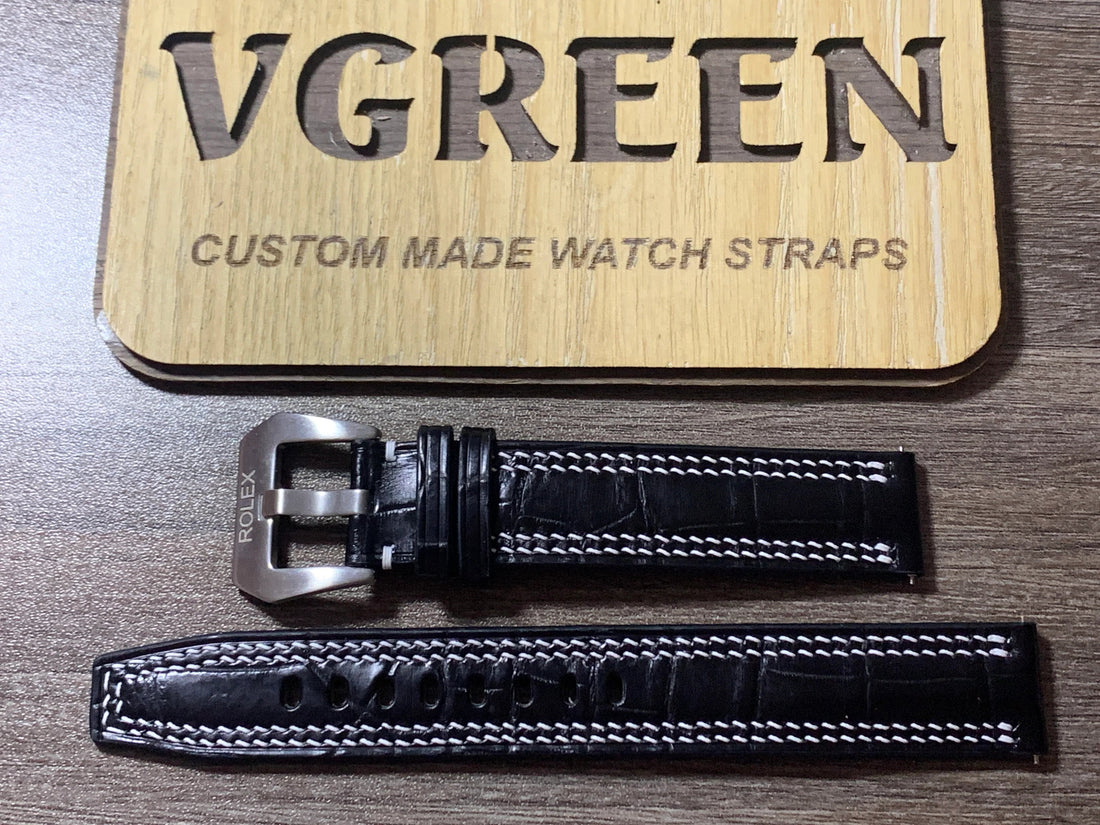 Black crocodile watch strap for Rolex Submariner, 90/145mm extra-long build