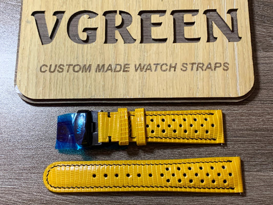 Yellow lizard racing watch strap for an Emporio Armani AR1696, black stitching