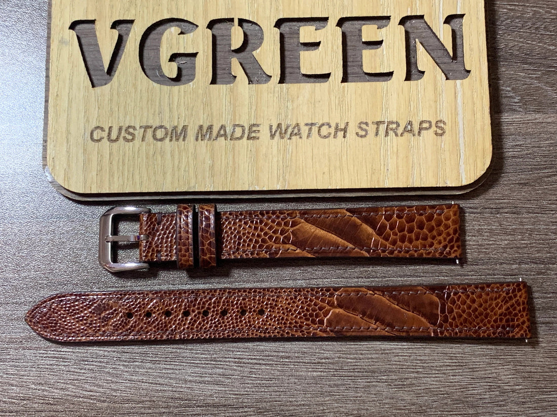 Extra-long dark brown ostrich leg watch strap for a vintage FERO Feldmann, 105/160mm
