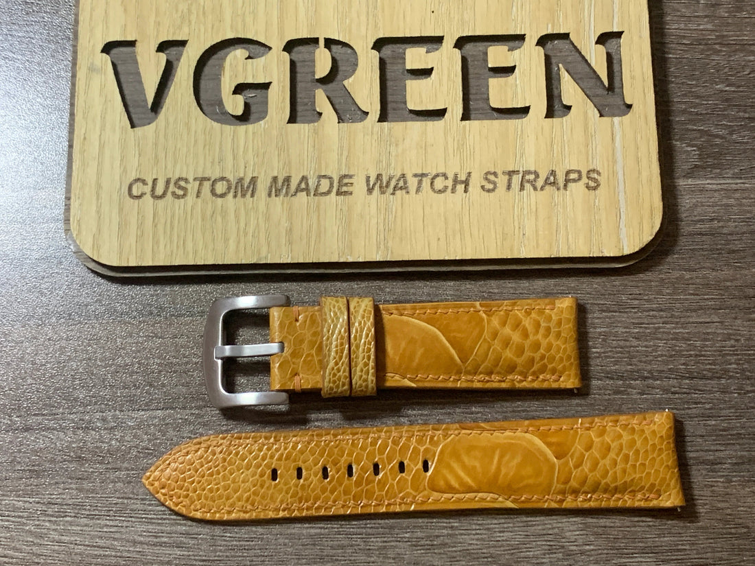 Light brown ostrich leg watch strap for H. Moser & Cie Pioneer, curved end cut on an arc