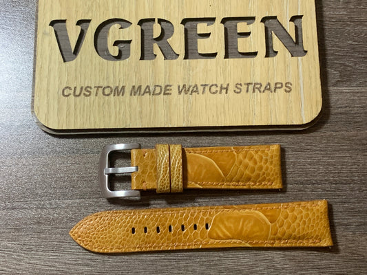 Light brown ostrich leg watch strap for H. Moser & Cie Pioneer, curved end cut on an arc