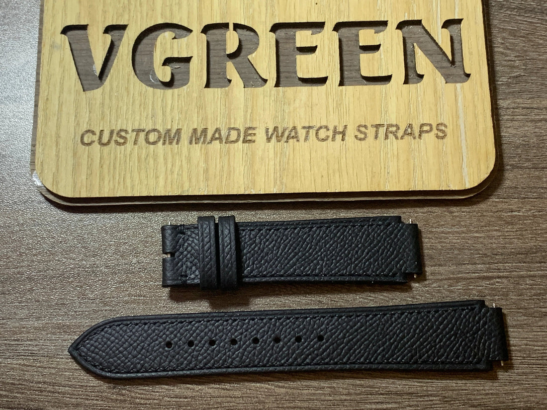 Black Epsom corner-notched watch strap for Raymond Weil Othello, tapered to an 18mm buckle