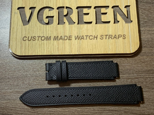 Black Epsom corner-notched watch strap for Raymond Weil Othello, tapered to an 18mm buckle