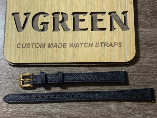 Black Epsom extra-long watch strap for a ladies Movado Museum, 10mm gold buckle