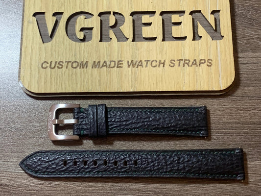 Black shark skin extra-long watch strap for Seiko Presage SRPD37J, deep green stitching