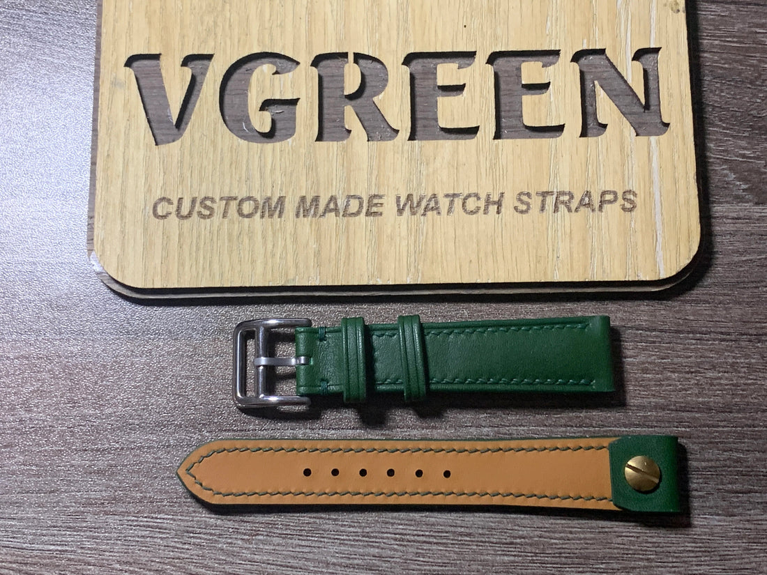 Green Buttero open-ended watch strap for a Vario Trench 37mm, 16mm slim buckle