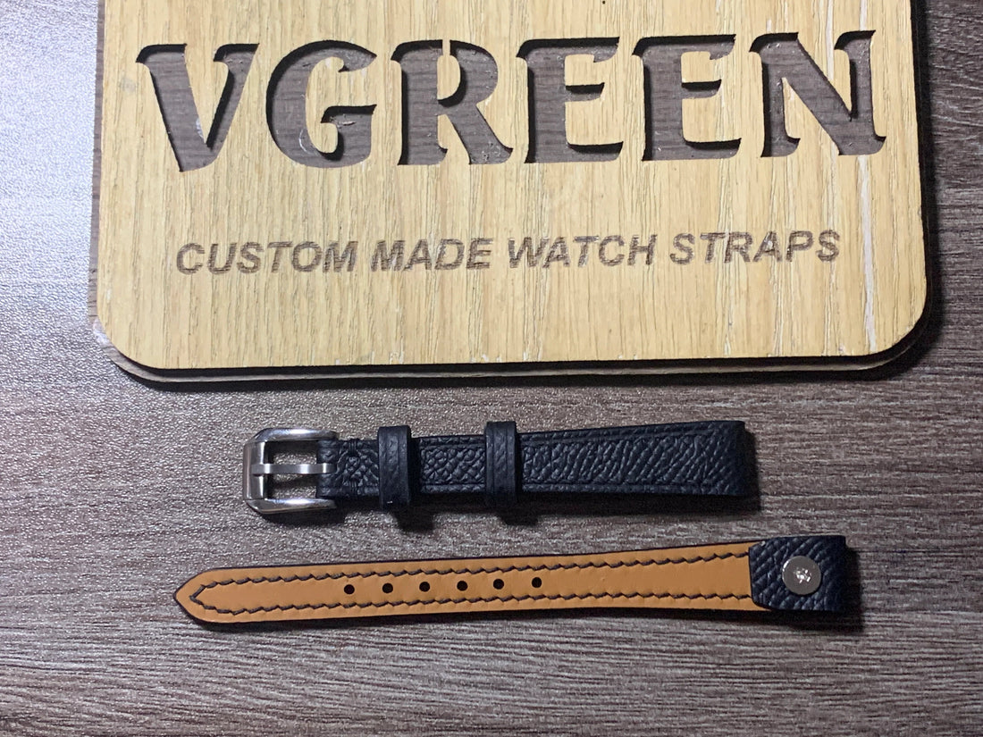 Black Epsom open-ended watch strap for a Birch and Gaydon WW1 trench watch, 10mm buckle