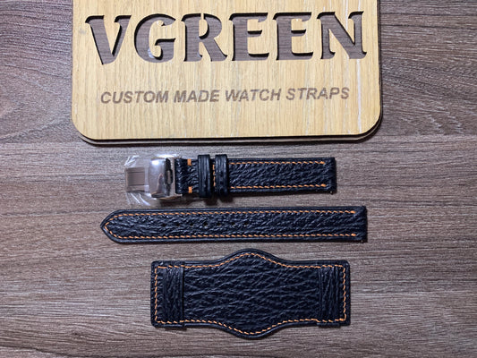 Black sharkskin bund watch strap for Longines Bullseye 1944, golden brown side stitching