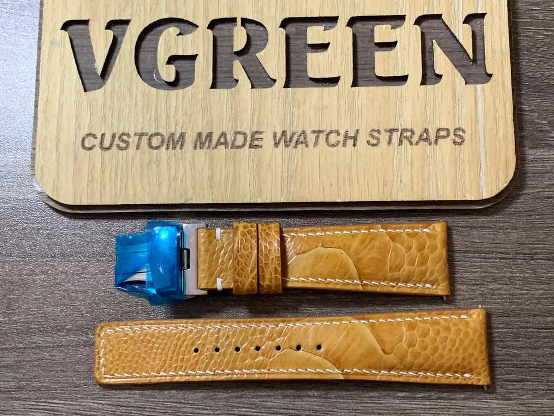 Light brown ostrich leg watch strap for Orient Mako, curved-end, 75/115mm