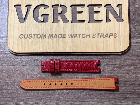 Red lizard watch strap for Cartier Vendome 881002, center-notched end