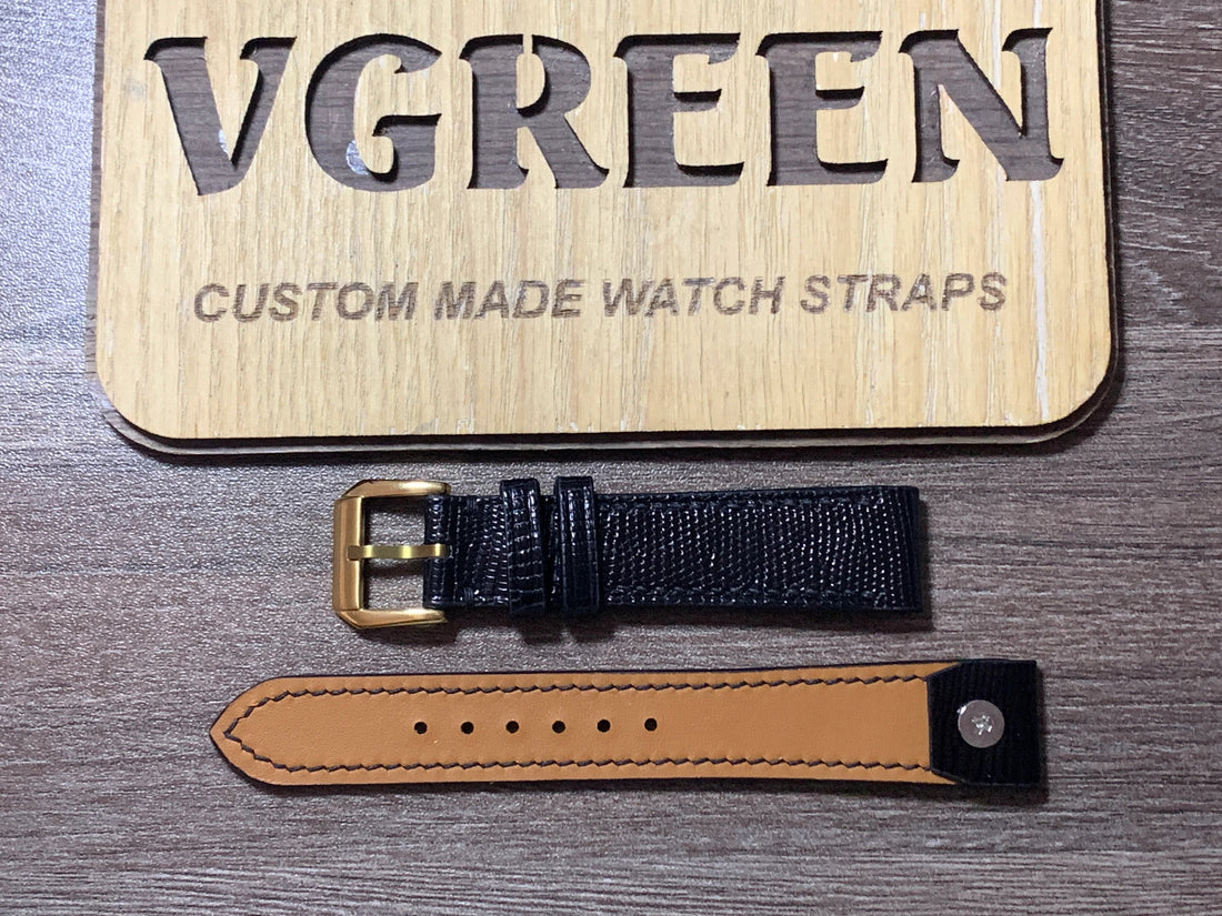 Black lizard watch strap for 1938 Omega cal. 23.4, open-ended for fixed bars