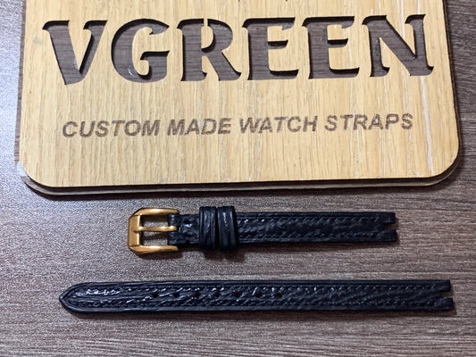 Black sharkskin watch strap for vintage Gucci 2000L, center-notched with gold buckle
