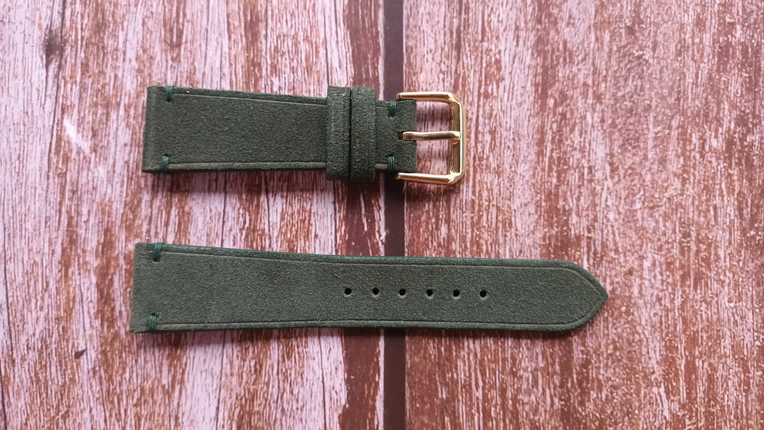 Green Suede Leather Strap For Seiko twin quartz (70s/80s, gold) Watch