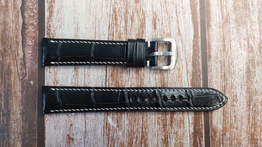 Black Full Grain Crocodile Leather Strap For Omega Seamaster 300 Chrono Watch