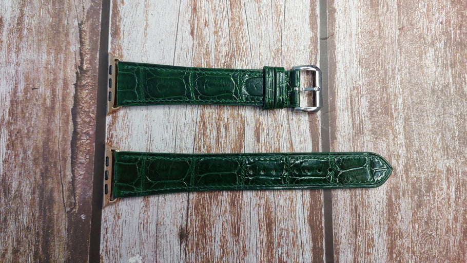 Green Full Grain Crocodile Leather Strap For Apple Watch Series 6 (44mm)