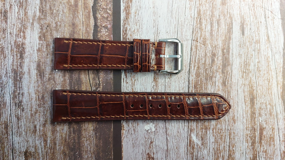 Reddish Brown Full Grain Crocodile Leather Strap For Glashutte 40mm Panomaticlunar Watch